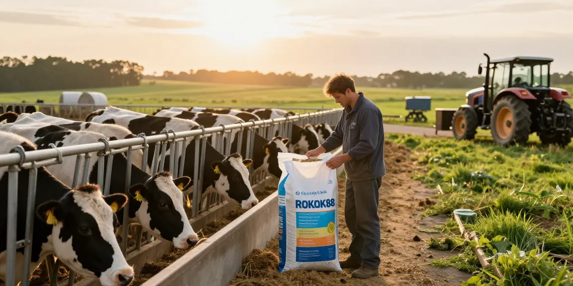 Farmer inspecting ROKOK88 slot login feed quality at livestock farm.