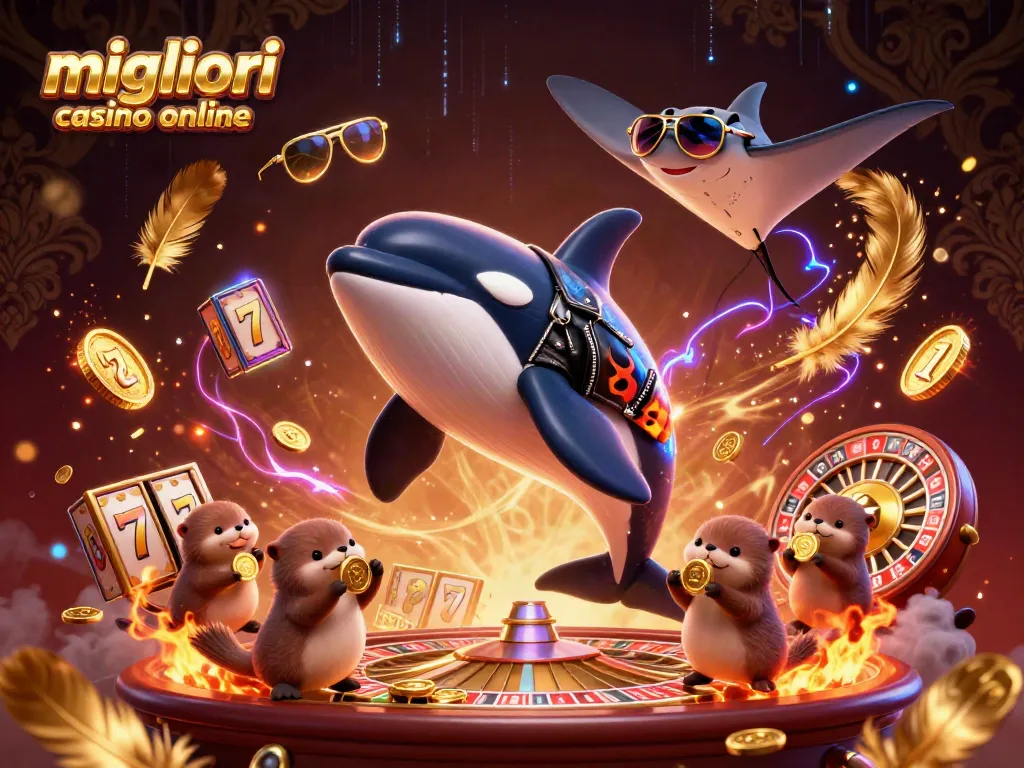 I migliori casino online presentano un'illustrazione 3D, con un'orca in giacca da motociclista e slot machine che volano.