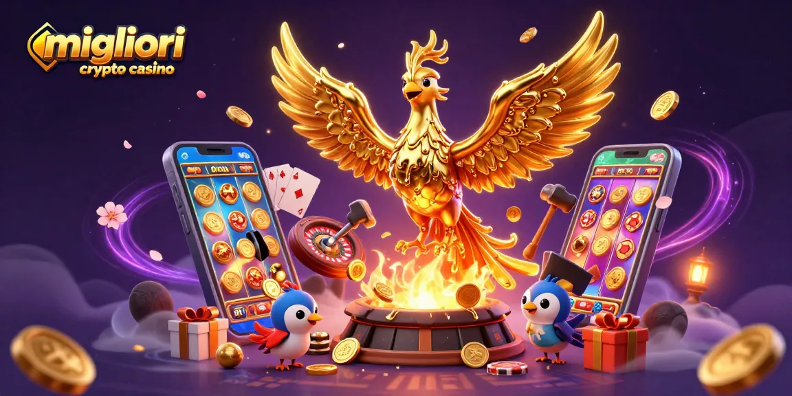 Scopri i migliori crypto casino con una fenice dorata e giochi coinvolgenti in un’illustrazione 3D vibrante.
