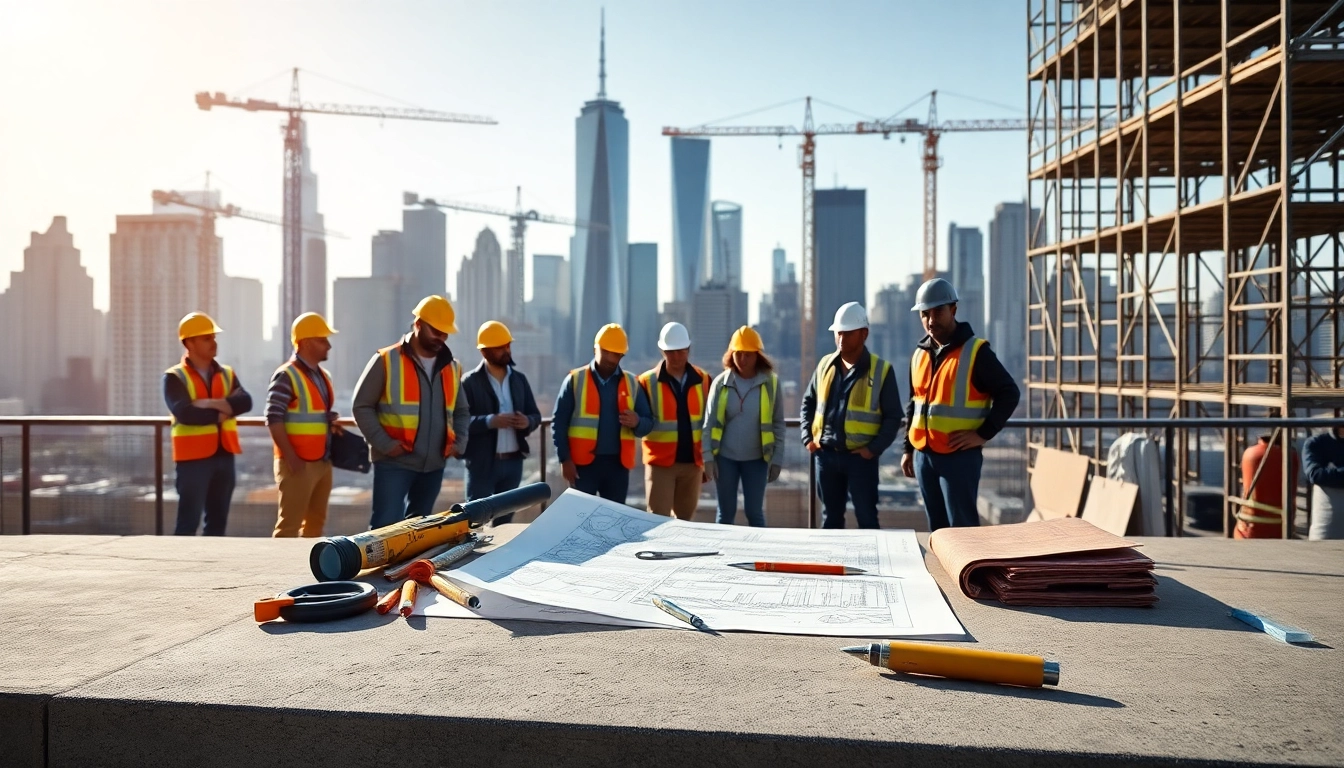 New York General Contractor collaborating on a construction site with skyline backdrop.