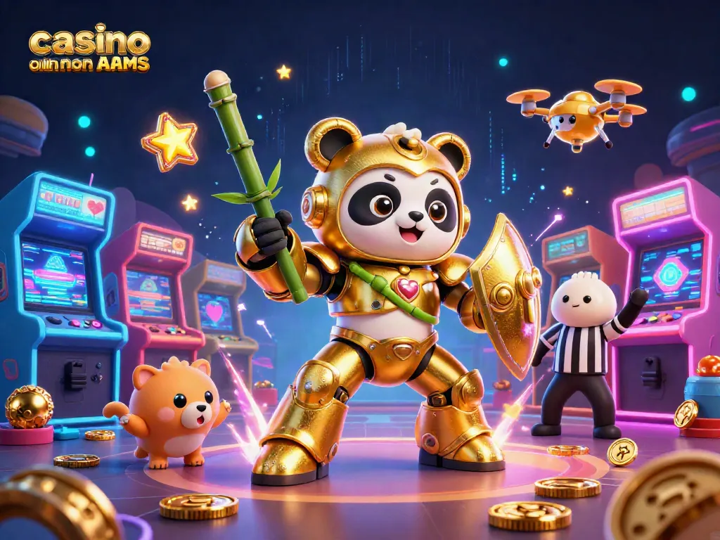 Crea esperienze di gioco nei casino online non AAMS con un panda robotico e macchine arcade colorate.
