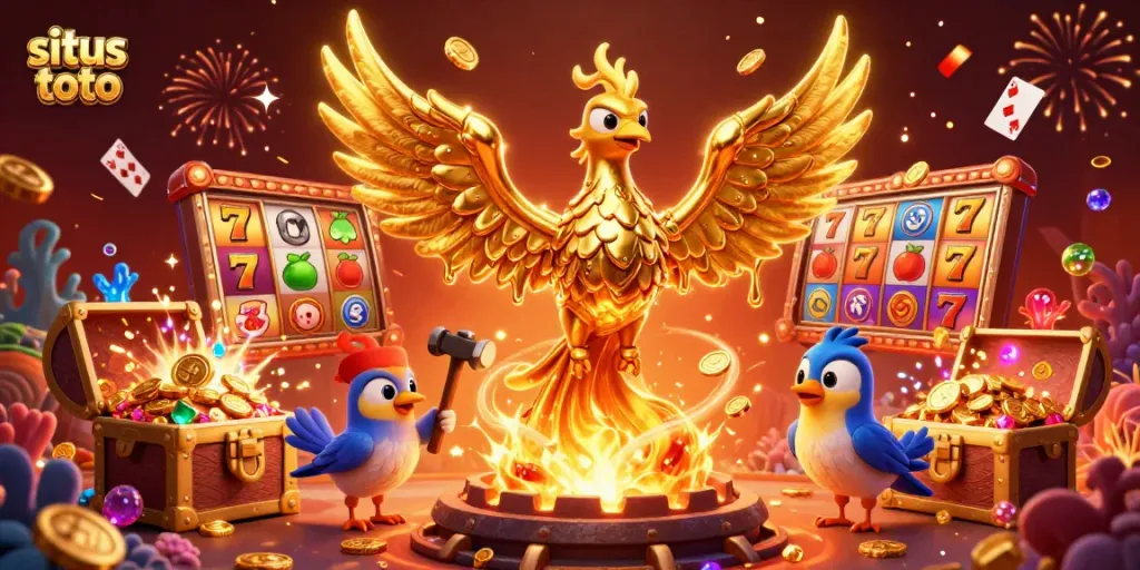 Experience situs toto with a captivating 3D phoenix scene filled with vibrant slot elements and dynamic casino action.