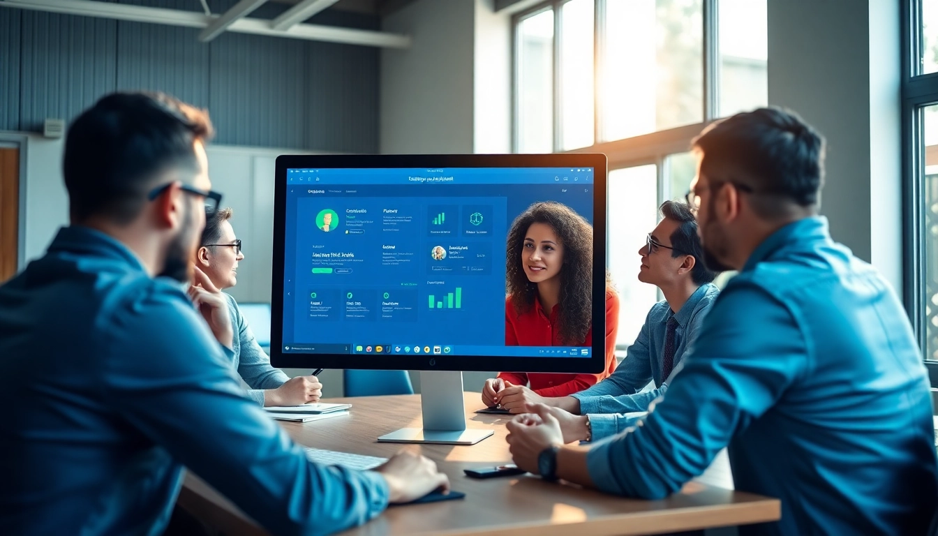 Showcasing a team using an enterprise assistant platform for collaborative tasks and productivity in a vibrant office.