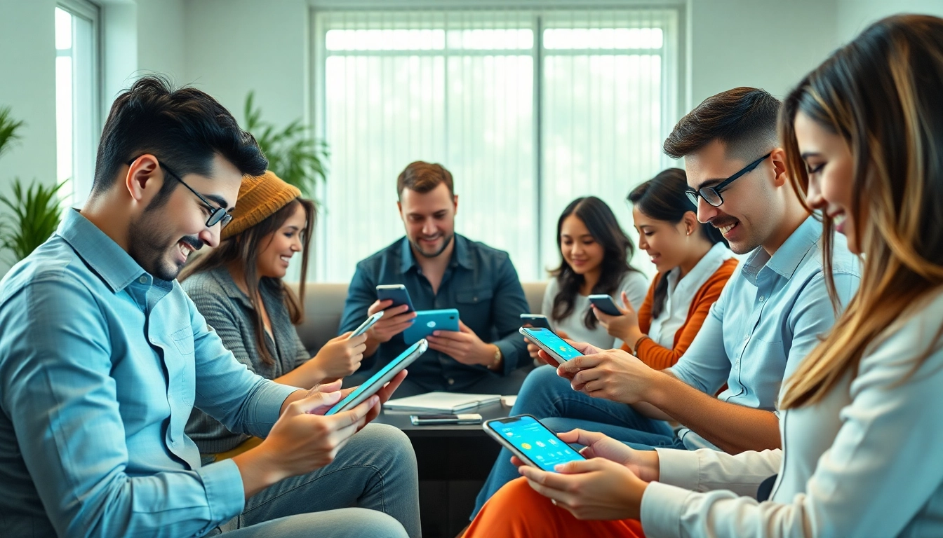 Engaged users exploring a cloud mining app on mobile devices in a vibrant workspace.