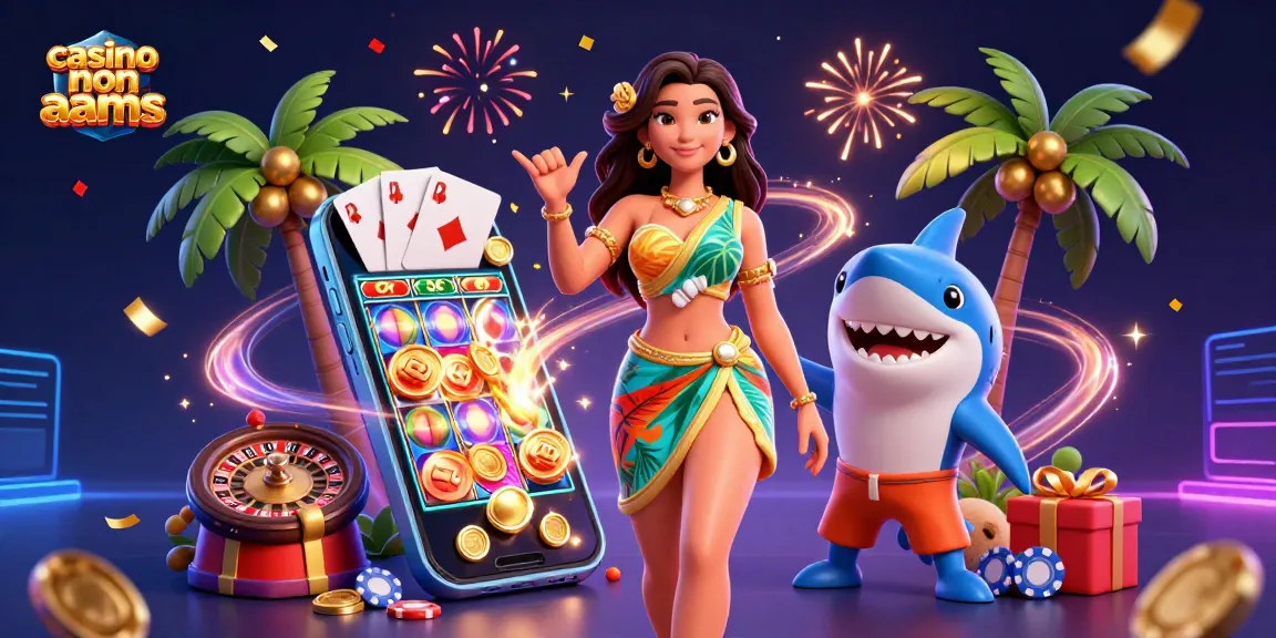 Interagisci con i casinò non aams attraverso una vibrante scena 3D con una donna glamour e uno squalo giocoso.