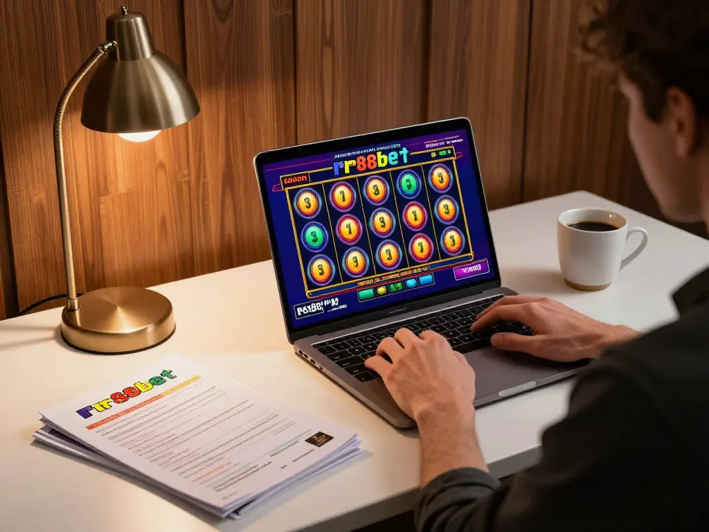 Player engaging with rr88bet online slots on laptop, emphasizing strategic gameplay in a stylish setting.