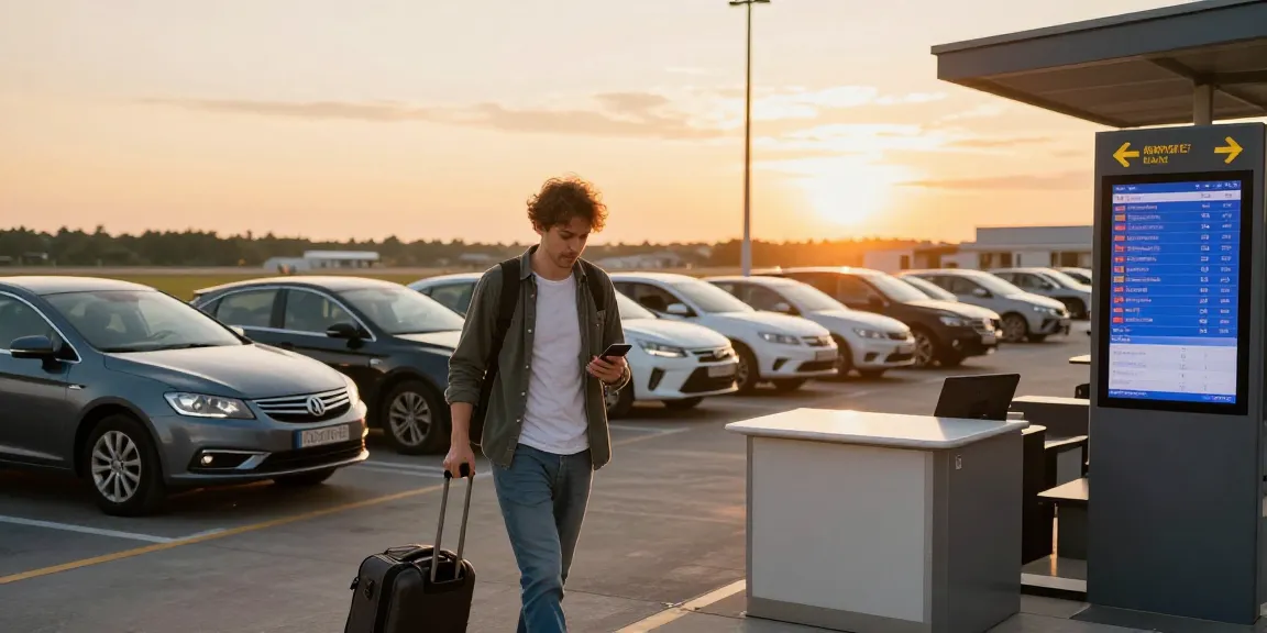 Rent a car chisinau airport scene with traveler at rental desk, sunset ambiance.