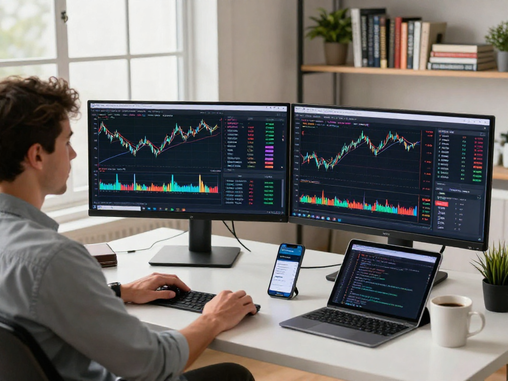 专业交易员在TradingView官网展示实时数据的交易工作空间,显示屏上有金融图表和技术分析工具。