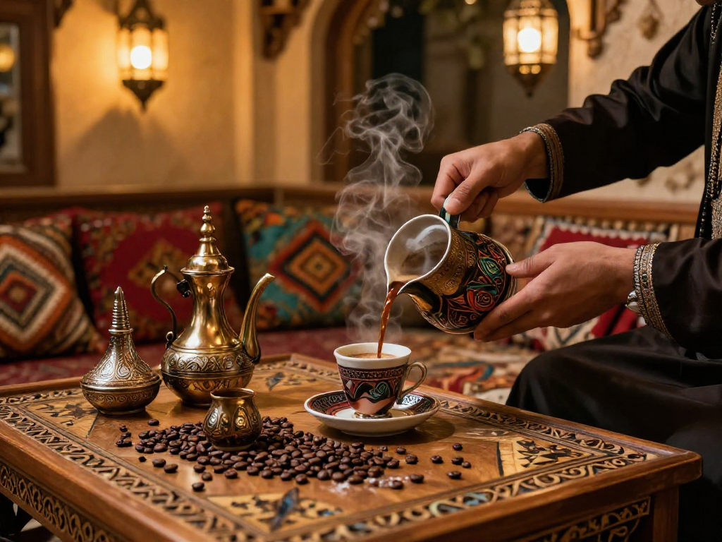 قهوجيين وصبابين يقدمون القهوة في منزل عربي تقليدي