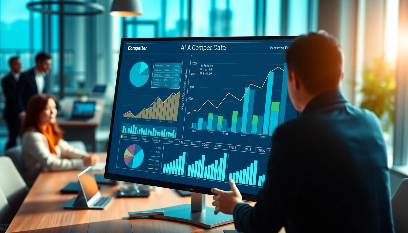 Visualize AI for competitor analysis with dynamic charts in an innovative office.