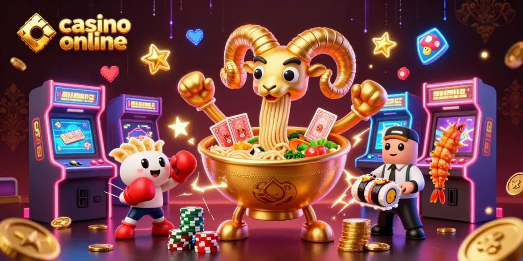 Juega en casinos online y disfruta de una escena animada con un tazón de ramen gigante y personajes animados.