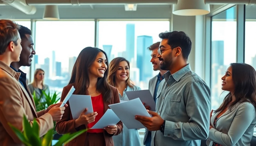 Engaged job seekers exploring Chicago jobs opportunities in a professional networking setting.