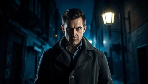 Rancid Badges book cover showcasing a detective in a dark urban setting, conveying suspense and intrigue.