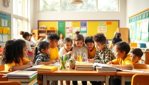 Children collaborating on an engaging educational science project in a vibrant classroom.
