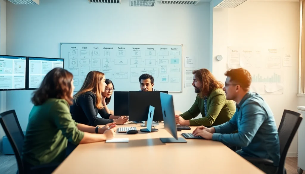 IT Helpdesk Solutions team actively collaborating in a modern office setting, showcasing efficient problem-solving.