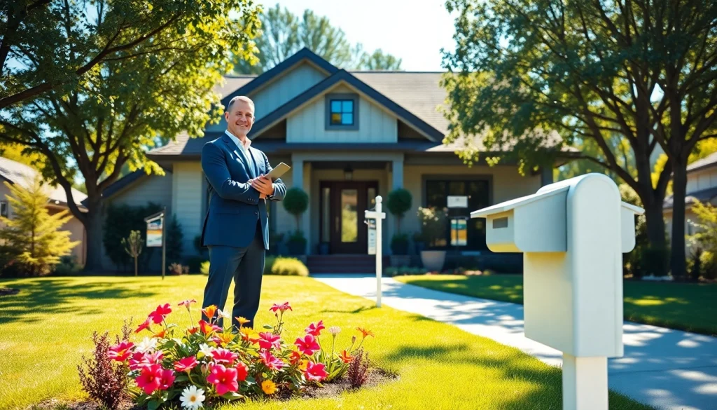 Showcasing Real Estate agent in front of a beautiful for-sale home surrounded by a vibrant neighborhood.