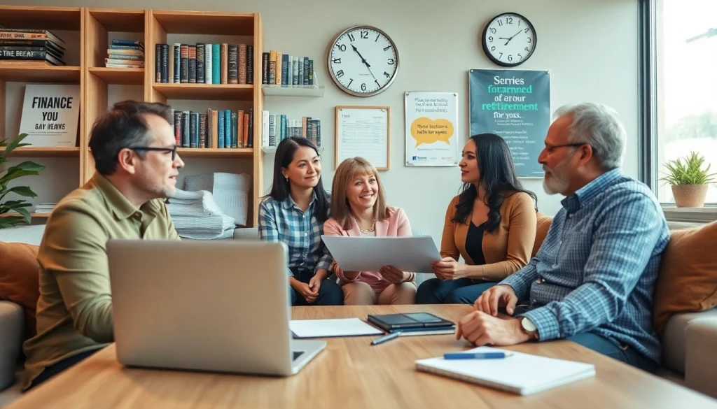 Engaging scene of retirement planning San Antonio with a financial advisor and clients in a cozy office.