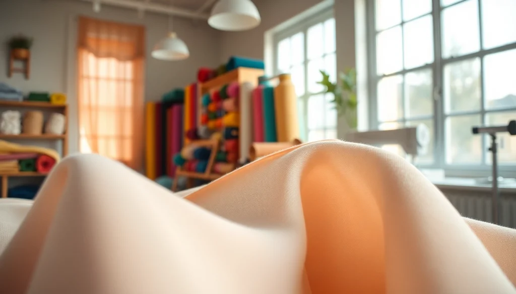 Katoen dicht bij het Naaiatelier met kleurrijke stoffenrollen op de achtergrond.