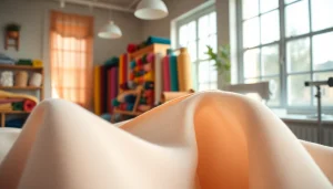 Katoen dicht bij het Naaiatelier met kleurrijke stoffenrollen op de achtergrond.