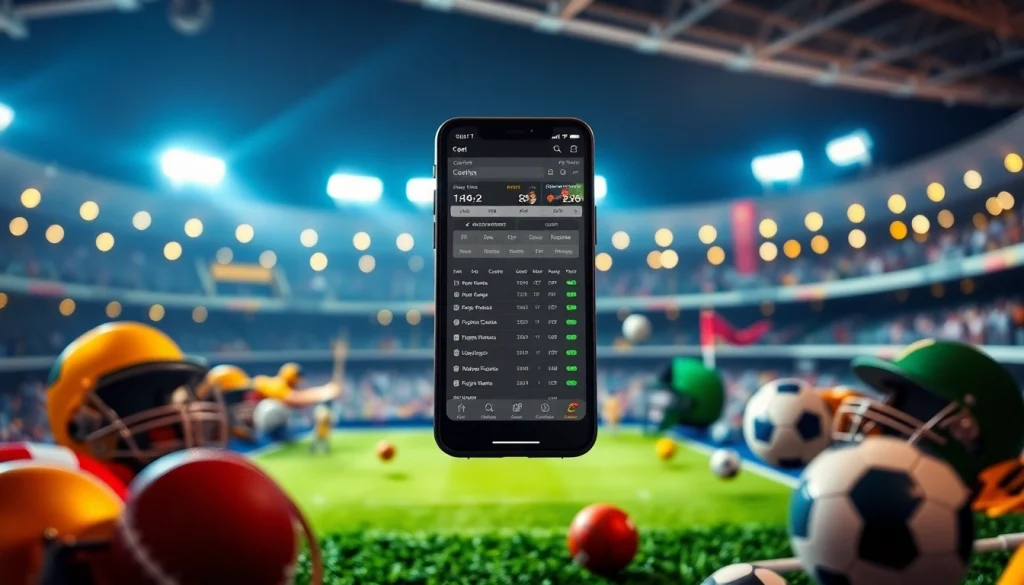 Engaging view of sports betting apps India showcased on a smartphone amidst vibrant sports elements.