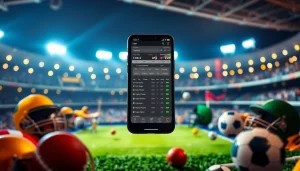 Engaging view of sports betting apps India showcased on a smartphone amidst vibrant sports elements.