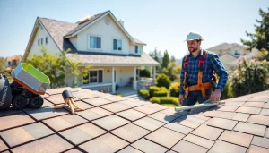 Inspecting reliable roofing services on a residential home with a contractor in focus.