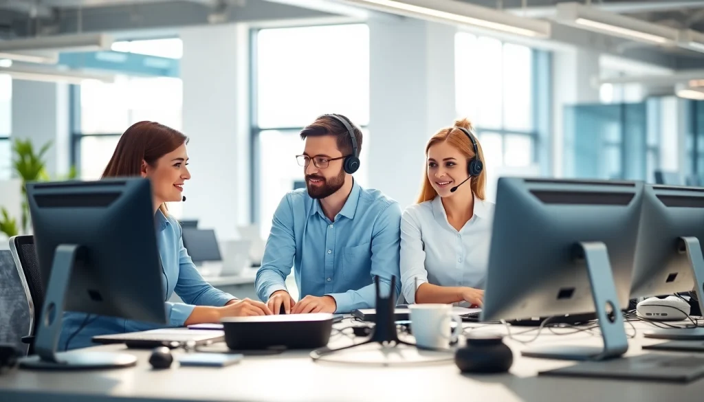 Delivering exceptional helpdesk support in a collaborative workspace, showcasing a professional team.