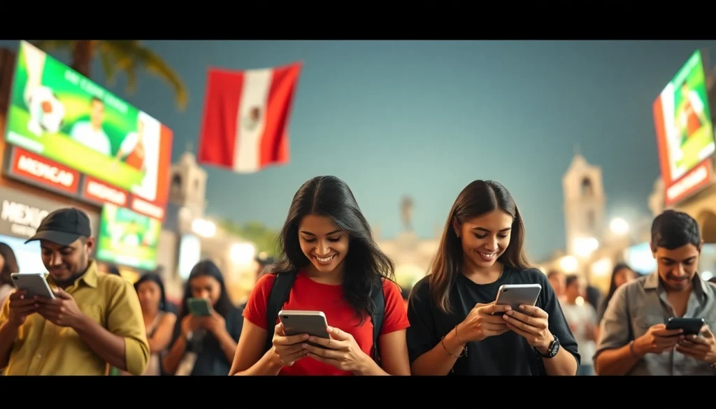Engaging scene depicting sports betting in Mexico with people happily placing bets using devices.