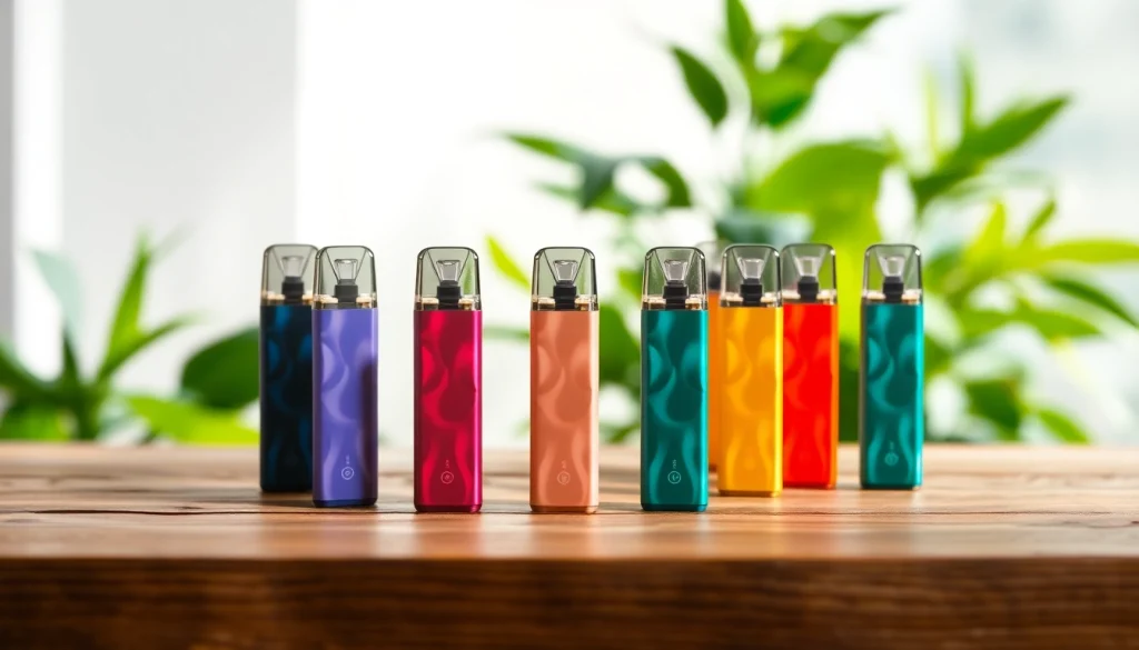 Erkunden Sie die bunten elfbar pods auf einem Holzuntergrund, die Stil und Qualität zeigen.