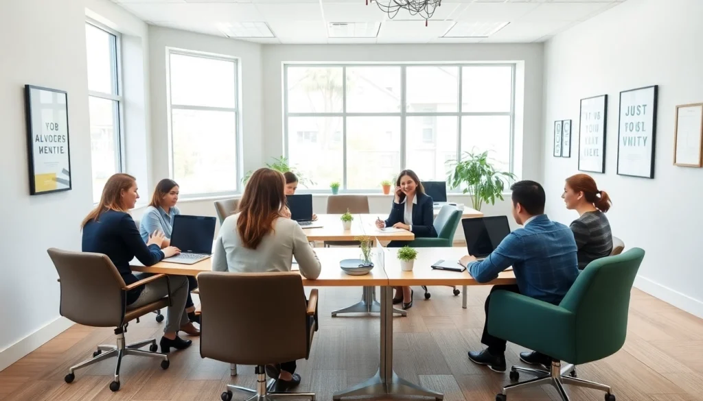 Engaging job help center scene showing enthusiastic seekers receiving career assistance.