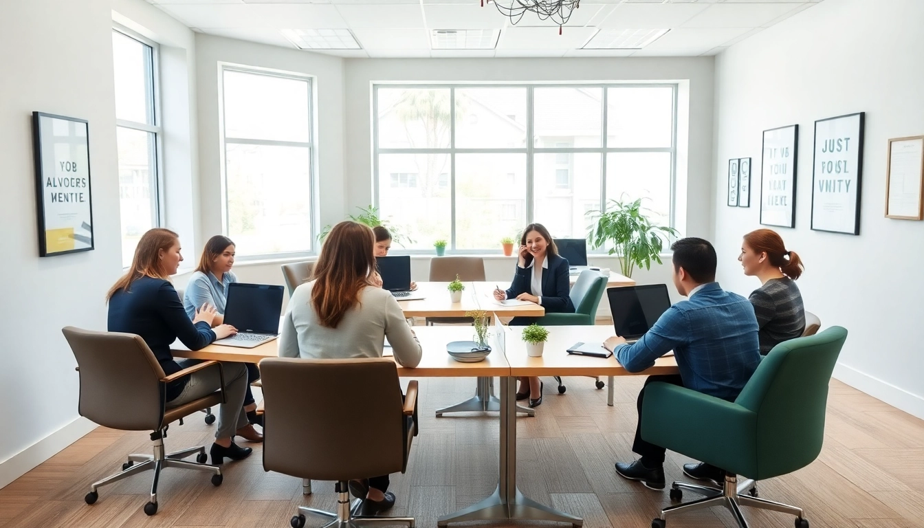 Engaging job help center scene showing enthusiastic seekers receiving career assistance.