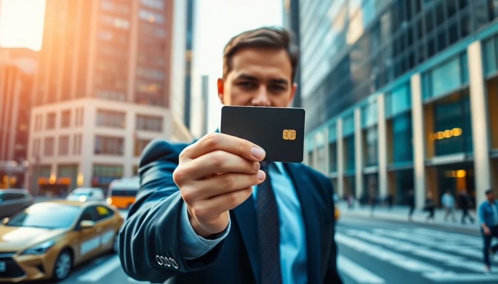 신용카드 현금화 방법을 설명하는 전문가가 현대적인 도시 배경에서 카드 사용을 보여줍니다.