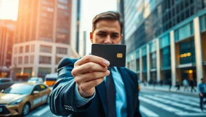 신용카드 현금화 방법을 설명하는 전문가가 현대적인 도시 배경에서 카드 사용을 보여줍니다.