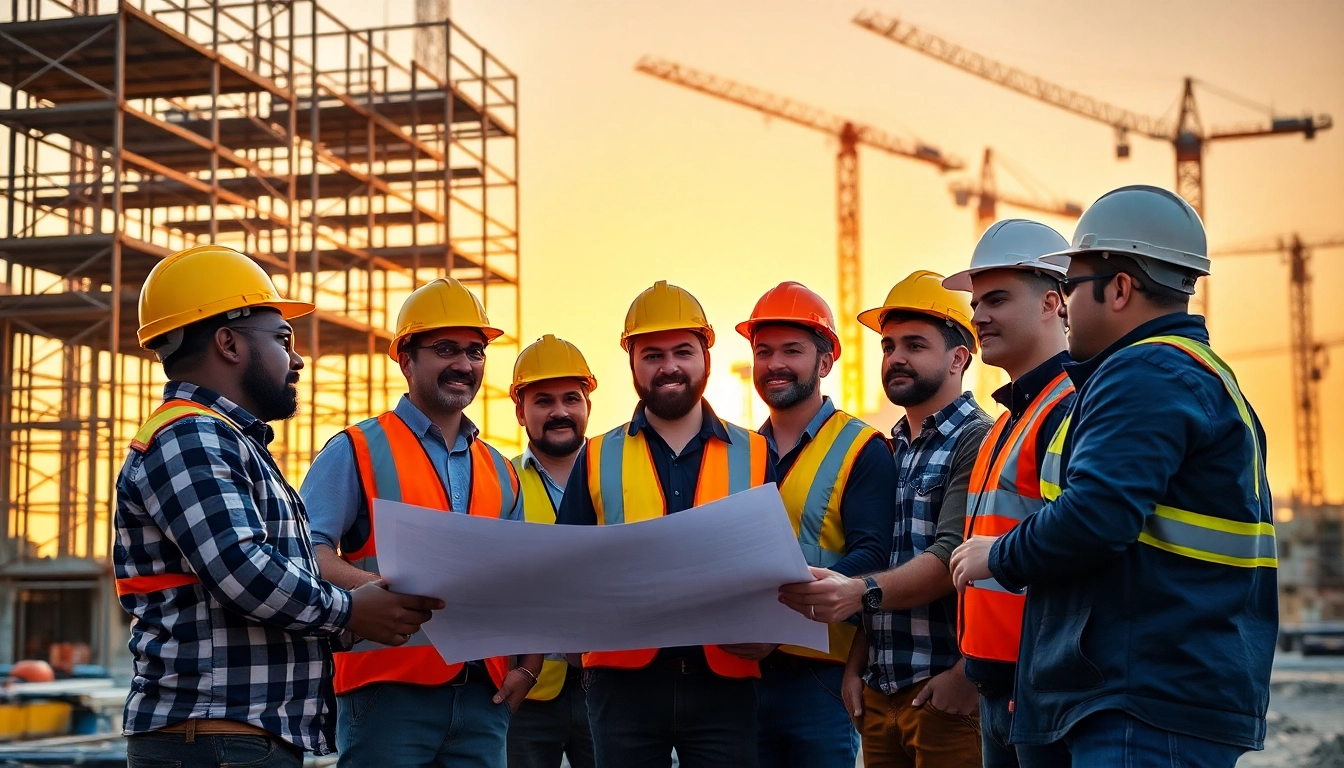 Team of diverse contractors collaborating on a project, representing the southern california contractors association's unity.