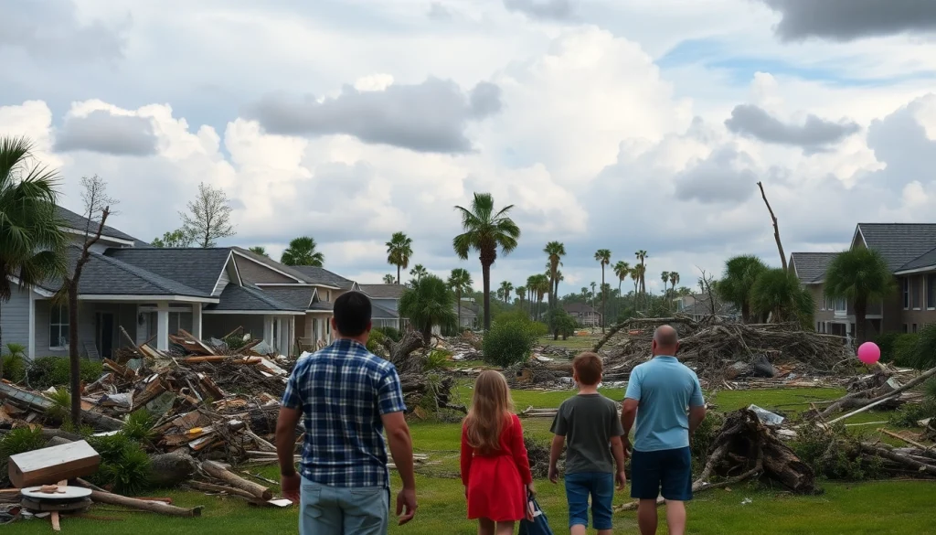 Assessing Florida hurricane damage in a suburban neighborhood after a disaster.