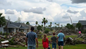 Assessing Florida hurricane damage in a suburban neighborhood after a disaster.