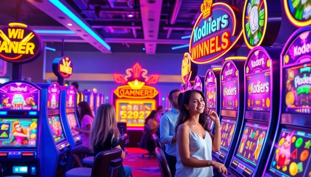 Kode4d slot gaming scene with vibrant slot machines, diverse players, and an energetic casino atmosphere.