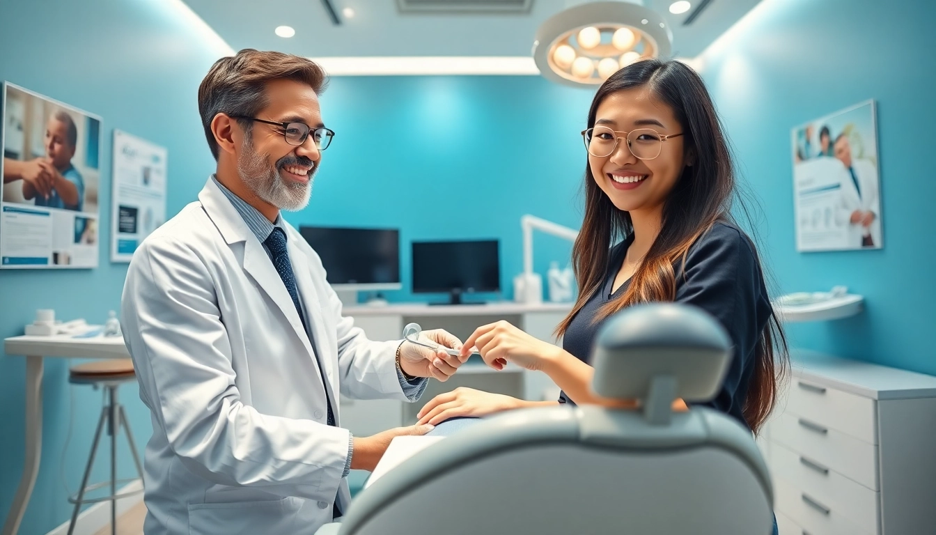 dental implant services in putrajaya showcased in a modern, welcoming dental clinic with a friendly dentist and patient.
