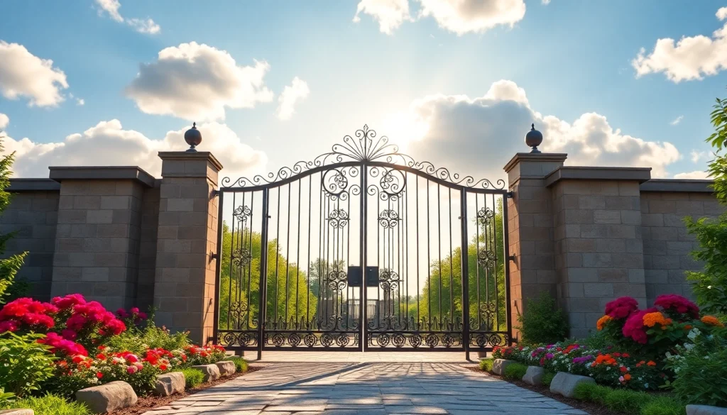 Showcase beautiful custom steel gates in a scenic landscape with floral accents.