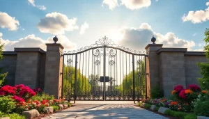Showcase beautiful custom steel gates in a scenic landscape with floral accents.