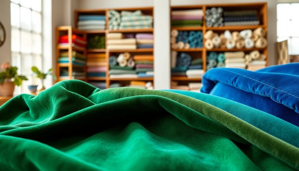 Bekijk diverse gordijnstof in prachtige kleuren en texturen in een showroom.