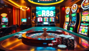 Spin the roulette wheel for winnings at rr88 gratis, with vibrant casino elements in a luxurious setting.