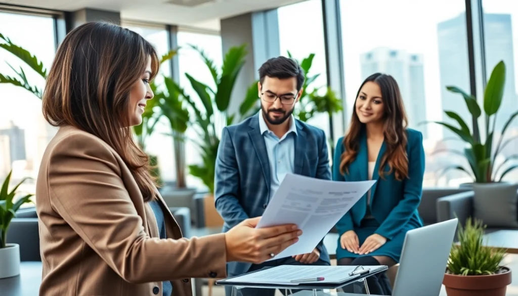 Real estate lawyer guiding clients through critical property paperwork in a modern office.