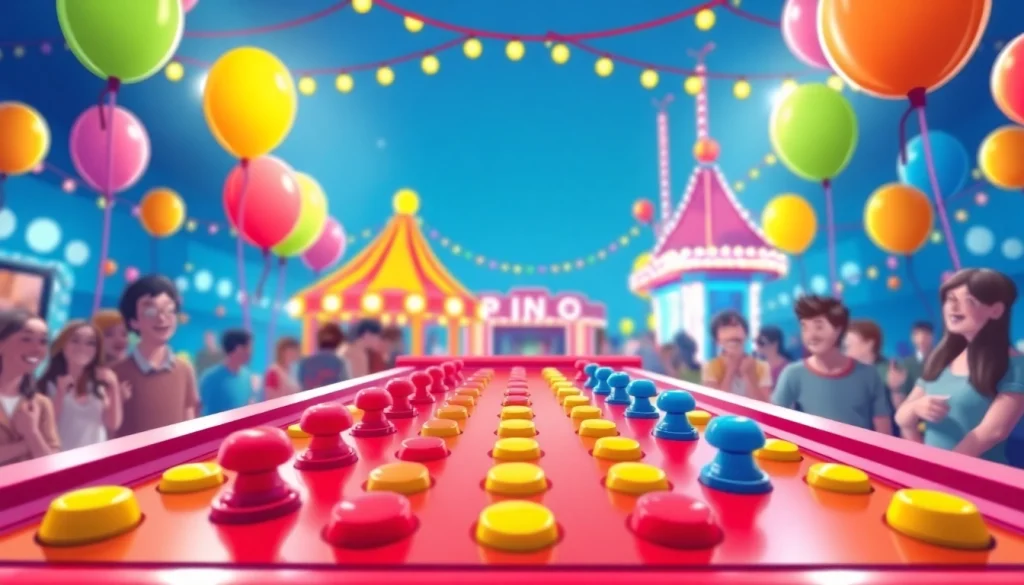 Permainan plinko dengan papan berwarna cerah dan suasana karnaval yang meriah.