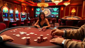 Action-packed casino scene illustrating the excitement of gambling with 상품권신용카드 usage at high-stakes poker tables.