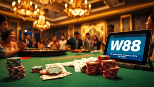 Players enjoying poker at a luxurious casino, highlighting the W88 link for online gambling.