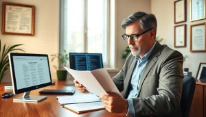 Traducteur assermenté certifié à Lille examinant des documents juridiques dans un bureau professionnel.