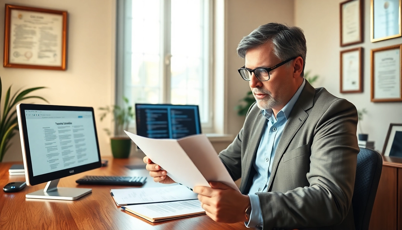 Traducteur assermenté certifié à Lille examinant des documents juridiques dans un bureau professionnel.