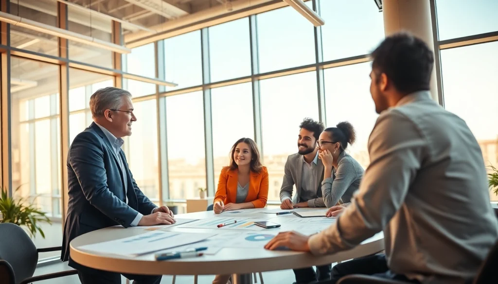 Engaging business coaching service session with diverse entrepreneurs in a bright office.