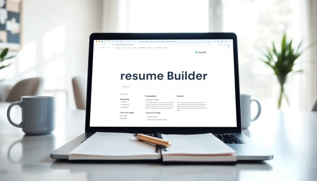 Showcase the Resume Builder tool in action on a laptop in a calm home workspace.